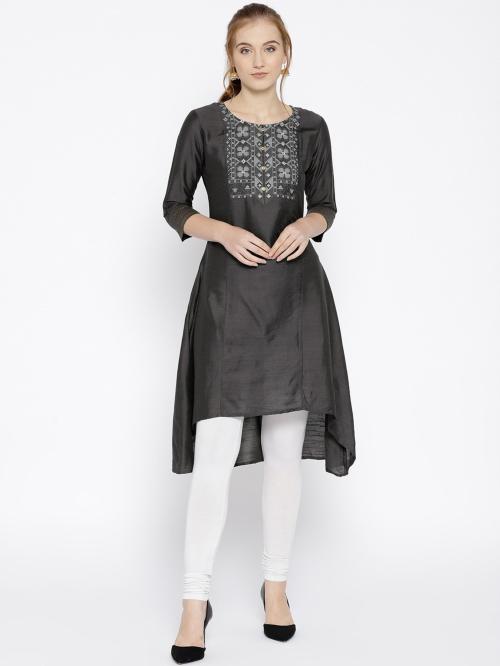 Span Women Grey Printed Silk Blend A-Line Kurta