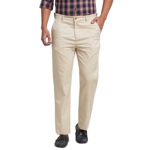 COLORPLUS Men Beige Solid Cotton Flat-Front Pants