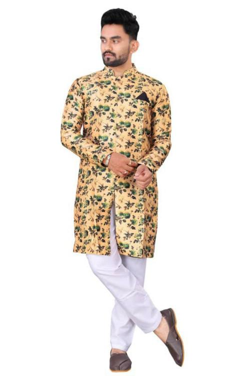 Hirvi Creation Men Yellow Digital Printed Kurta Pyjama Set - L