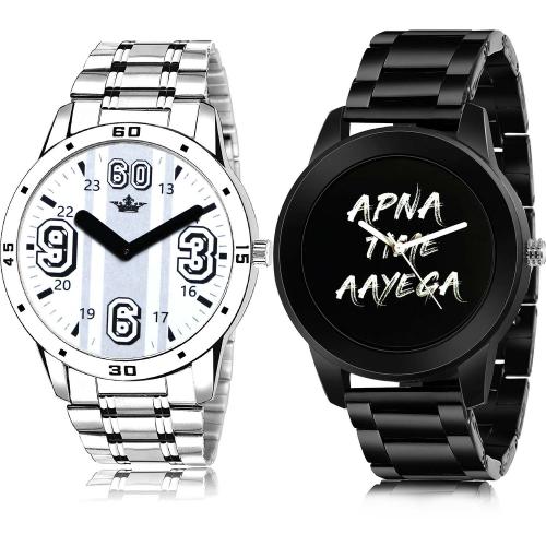 NEUTRON Latest Royal Lionel Messi And Apna Time Aayega Chain Watch Silver And Black Colour Analog Metal And Stainless Steel Belt 2 Watch Combo For Boys And Men - BL46.111-B415
