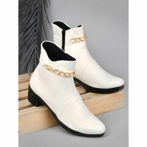 Shoetopia Elegant Gold Chain Detailed White Boots For Women & Girls