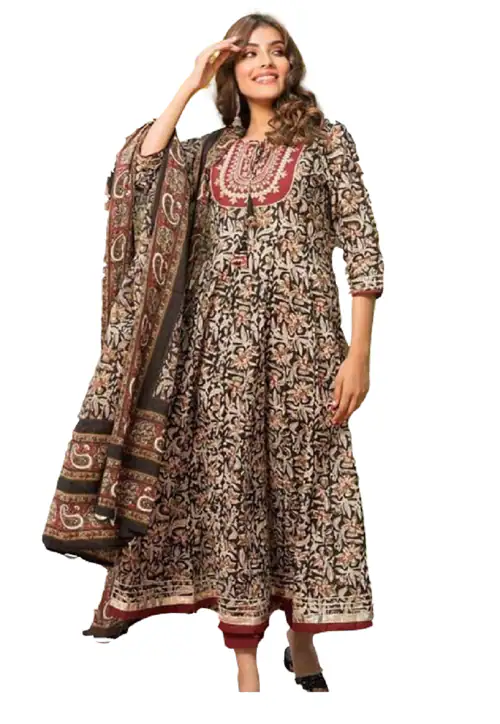 Clickedia Womens Fully Stitched Cotton Kalamkari Printed and Gota Patti work Anarkali Kurti with Pants and Dupatta Jaipuri Salwar Suit-Black-44