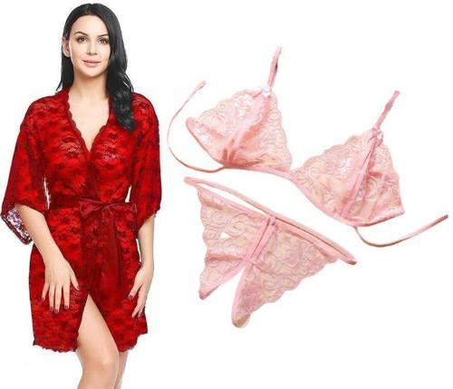 Iyaracollection Women Red Self Design Lace Lingerie Robe Set