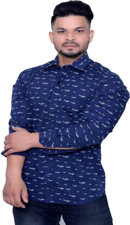 AISH N RIDH Men Printed Casual Dark Blue, White Shirt ()