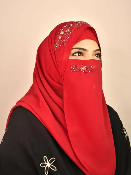 WRAP MY HIJAB Maroon Party Wear Hijab Scarf With Handwork Naqab