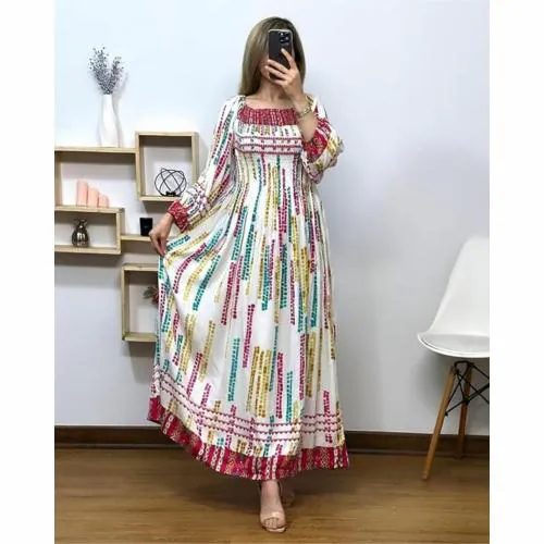 INDYVIBE Women Casual Floral Fit and Flare Pure Cotton Long Maxi Dress Frill Dress for Women | White | Size-3XL