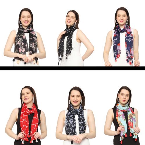 RIDDLE NEEEDLE Women's Printed Chiffon Multicolored Scarf and Stoles with Tassels - Set of 6