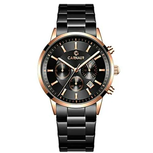 CARNAER Men's Chronograph Quartz Watches, Black Stainless Steel Strap with Date, Luminous Hand Analog Watches for Men with Rose Gold Case and Black Dial