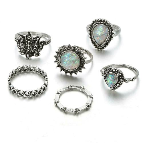 Young & Forever Mothers Day Gifts Boho Gypsy Vintage Retro Style Silver Plated Lotus Opal Carved Midi Rings For Girls Stylish Set Of 6