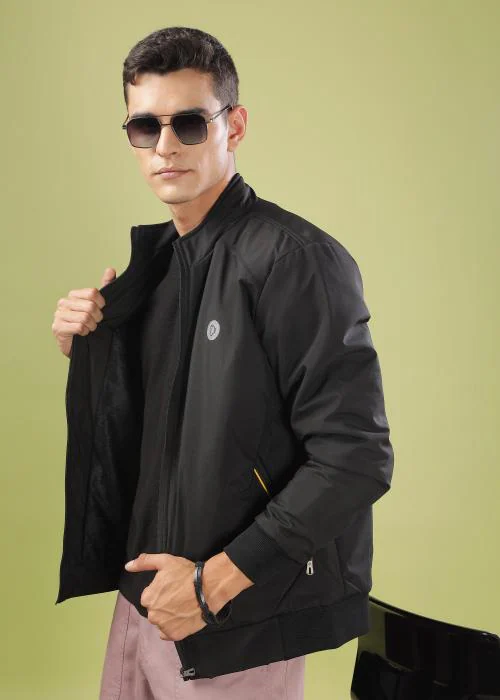 Dollar Casual Solid Bomber Jacket For Men In Black Color