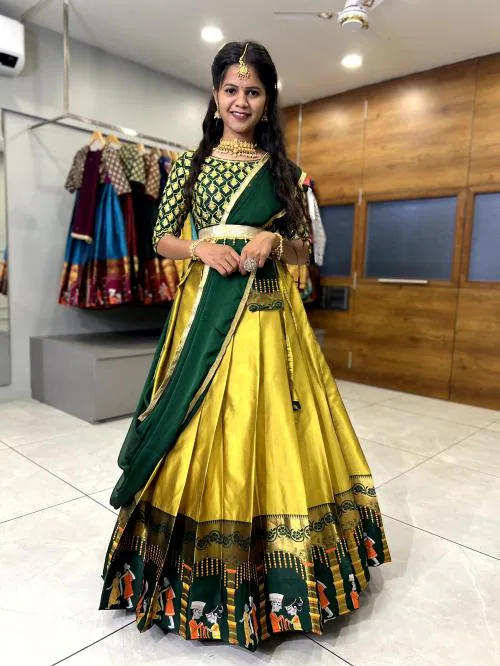 FABCARTZ South Indian Traditonal Wedding Half Saree for Women (Yellow)