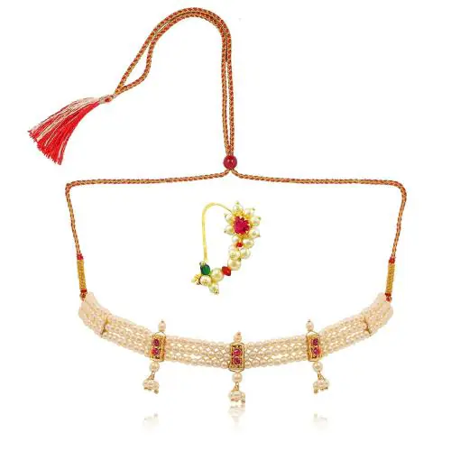 Bfc- Buy For Change Gold Plated,Pearl Kolahapuri Maharastyan Style Tanmani Necklace Pearl Nath Maharashtrian Jewellery For Women