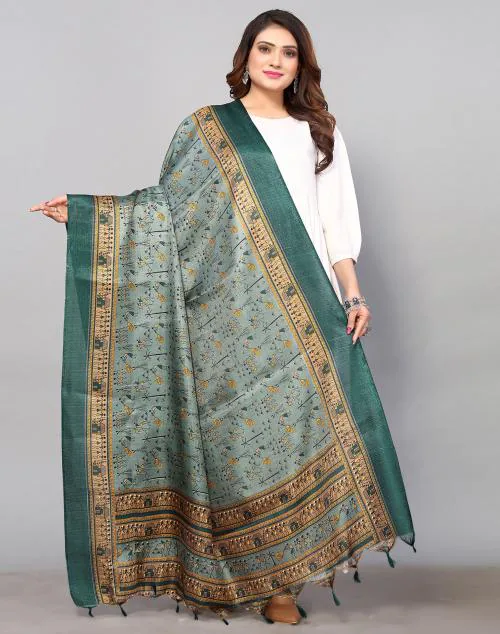 Siril Women's Multicolor & Green Color Printed Khadi silk Dupatta