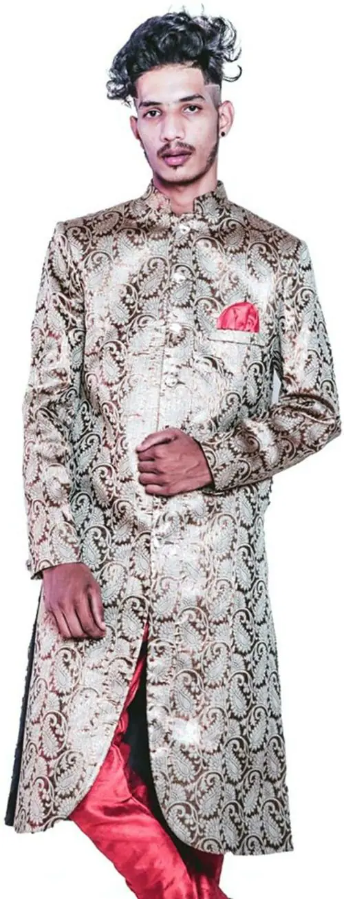 MUSTKEEM Men Brown Printed Polyester Sherwani Set (S)