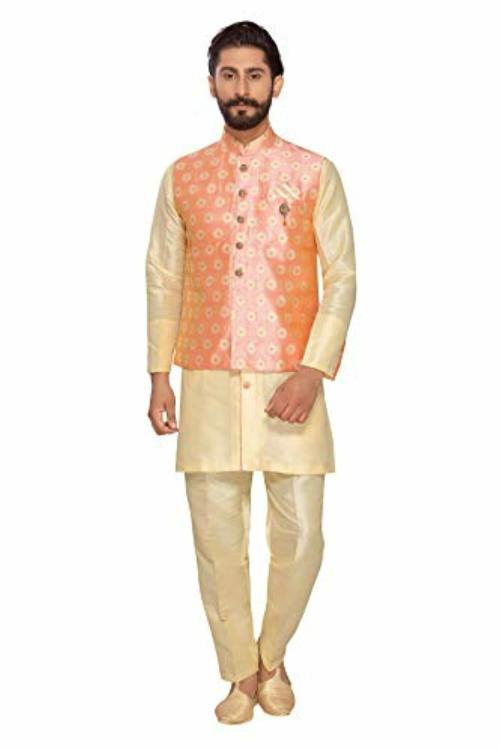 ARRUGA Gold Silk Nehru Jacket with Kurta Churidar Set - 38