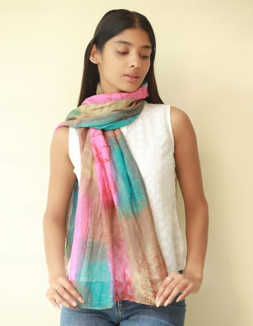 Ayesha Tribal Printed Multicolor Pink, Blue & Brown Ombre Square Patches Silk-Cotton Blend Crinkle Effect Scarf