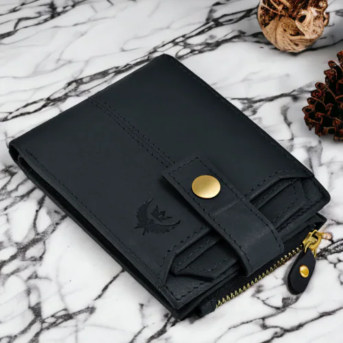 Lorenz RFID Blocking Blue Genuine Hunter Leather Wallet for Men with ATM Card & Coin Zipper | Bi-Fold Wallet | Men's Wallet Purse | GL-36