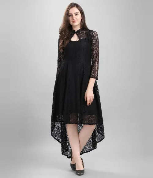 HEMANG FASHION Women Black Self Design Net High Low Dress (Xxl)