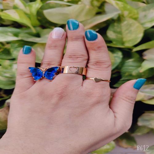 Pinapes Dark Blue Crystal Butterfly Style Ring With Love Gold Couple Ring