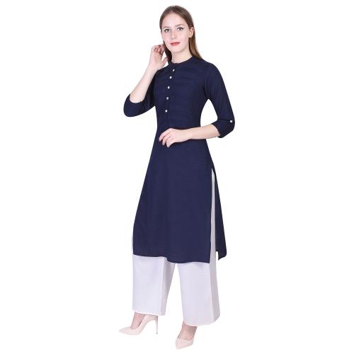 Indiwest Textiles Women's Cotton Solid Straight Navy Blue Kurti