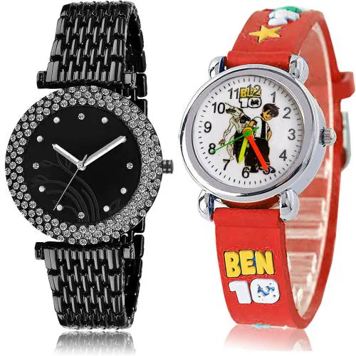 NEUTRON Treading Love Chain Bracelet Diamond And Ben 10 Kids Black And Red Colour Analog Metal And Plastic Belt 2 Watch Combo For Women And Girls - G572-GC120