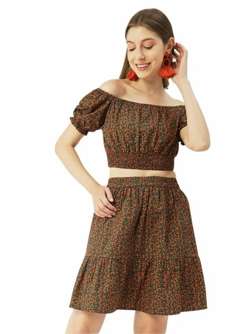 Moomaya Printed Summer 2 Pcs Set For Women, Off-Shoulder Crop Top - Mini Skirt Coord Set