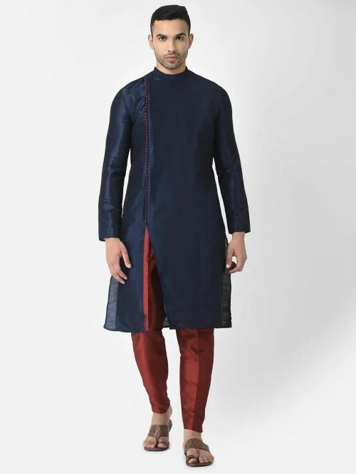 AHBABI Self Designed Silk Blend Plain Kurta Set for Men, Full Sleeves, Round Neck, Ethnic For Any Occasion Deep Blue
