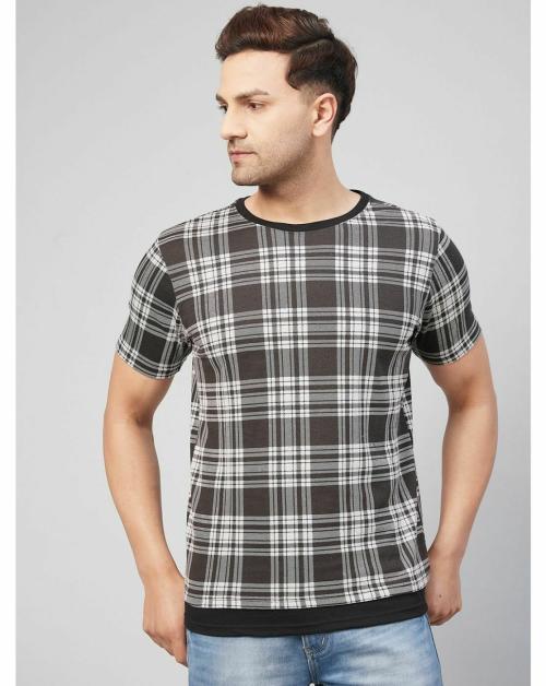 Grtistones Men Black & Grey Half Check Cotton Blend Summer T-Shirt