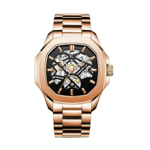Kredo Analogue Black Dial Rose Gold Strap Otus Automatic Skeleton Watch For Men - Kw112