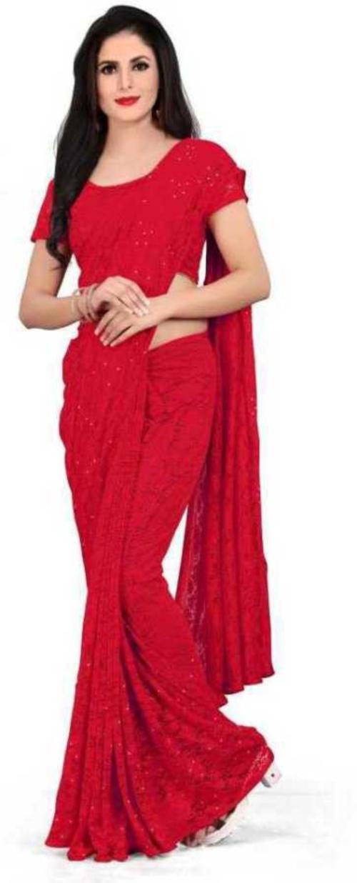 Fashion Field Women Red Self Design Net Saree with Unstitched Blouse Piece