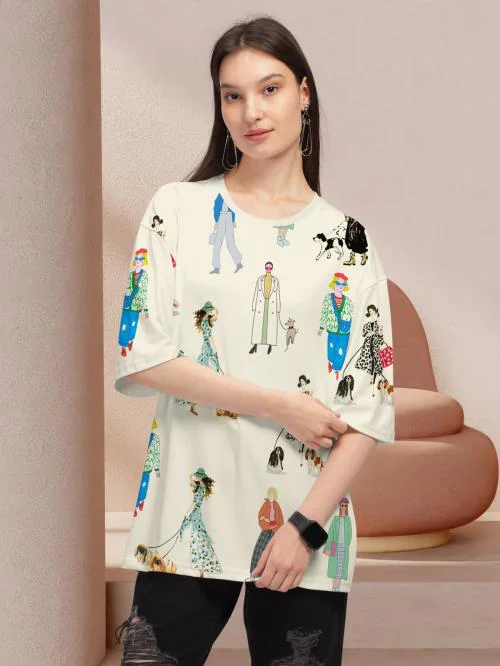 HELLCAT Cream Trendy Printed Oversized T-shirt for Women