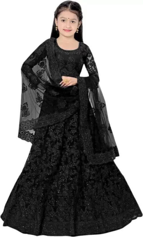 FLENSIRA Girls Black Embellished Net Lehenga With Choli And Dupatta Set (6-7 Years)