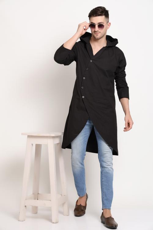 MIDAV Black Front Diagonal Button Hoodie Kurta