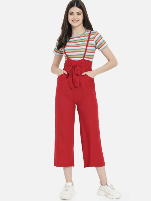 Buy Yuvraah Women Red Solid Cotton Rayon Blend Dungaree L Online at