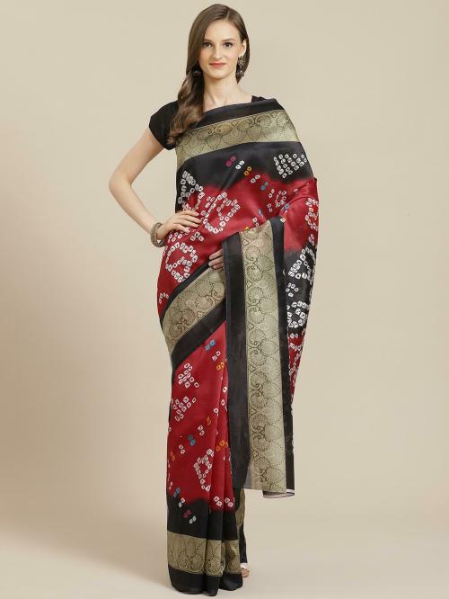 Grubstaker Red And Black Bandhani Print Art Silk saree