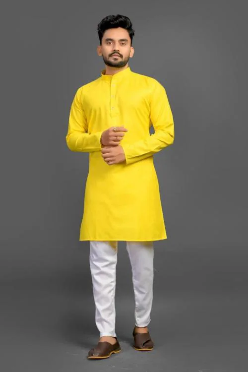 Imago Yellow Men's Cotton Blend Straight Kurta