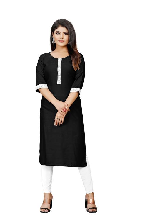 Helwin Designer Women Black Embroidery Rayon Regular A-Line Kurti (M)