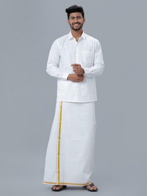 RAMRAJ Mens Soft Touch Wrinkle Free White Full Sleeve Shirt With Gold Jari 3/4 Inch Single Layer Dhoti (40)