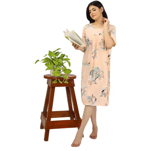 AUREA Night Gown For Women | Cotton Night Gown Knee Length Short | Nighty Dress | Comfortable Maxi Dress | Short Length | Stylish Sleepwear | Fancy Sleepwear/Nightwear (Free Size, Light Pink)