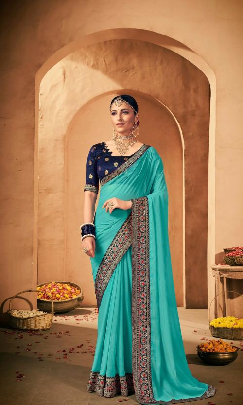 Rekha Maniyar Women's jacquard double border Georgette Sky Blue Saree With Unstitched Blouse Piece