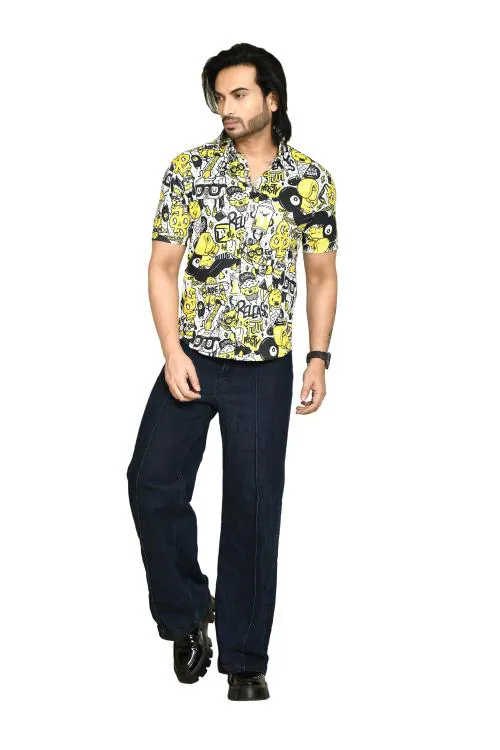 Roy's Regular Fit Casual Printed Pure Microfilament Short Sleeve Summer Shirt for Men I Exotic Print | Perfect for Everyday Wear - Black & Yellow, Size - XL