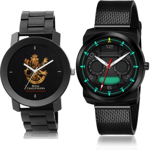 NIKOLA New Gift Royal Challengers Bangalore Squad (Rcb) Ipl Chain Black Colour Analog Metal And Plastic Belt 2 Watch Combo For Boys And Men - IPL16-(57-S-10)
