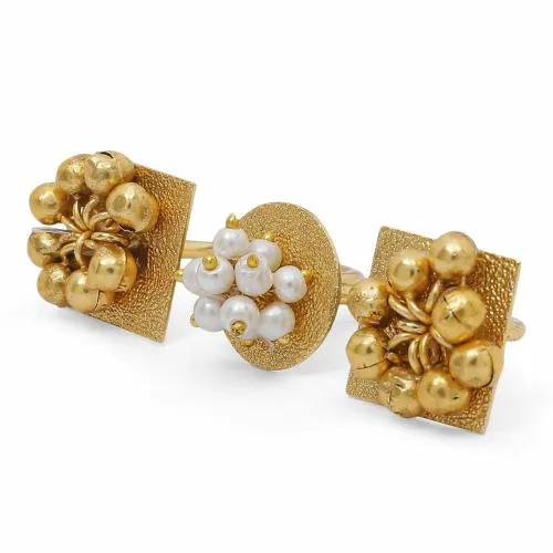I Jewels 18K Gold Plated Ethnic Adjustable Brass Finger Ring Embellished With ghungroo and pearl (FL222)