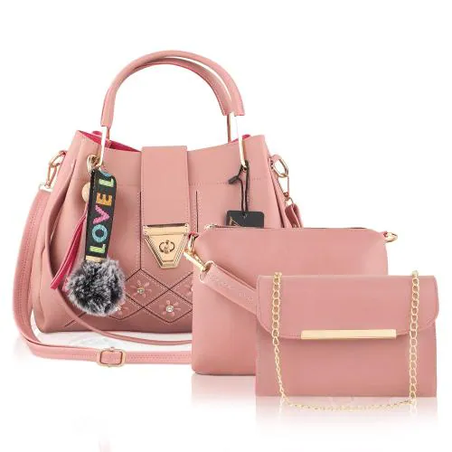 Le Platinum Women Pink Handbag With Sling Bag And Clutch (C25_3Pcs_Onion) (Pack Of 3)