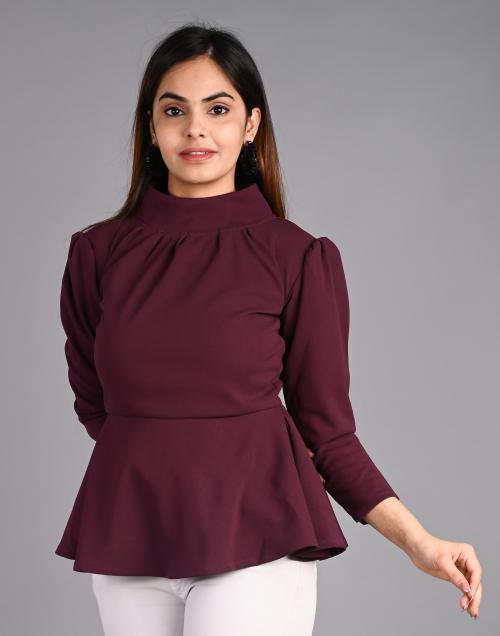 Selvo Women's High Neck Peplum Top - Wine