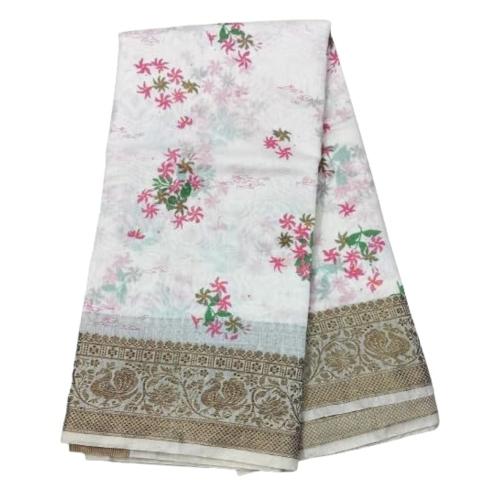 TASKEEN women chanderi printed saree with running blouse white[ts-ch39b]