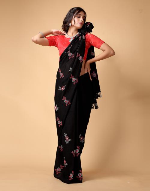 Siril Women'S Black Rubber Print With Tassel Border Traditional Saree | sarees for Women| saree | sarees