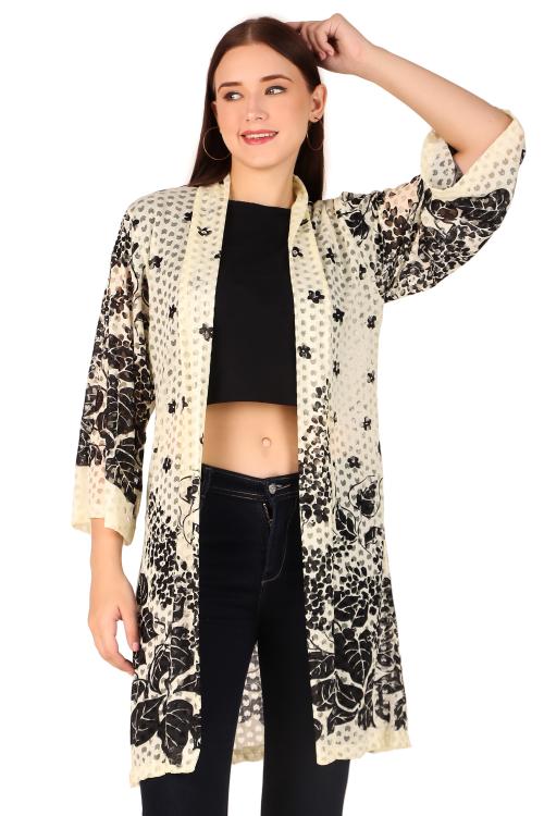 Sweekash 3/4th Sleeve Printed Lace Net Above Knee Casual Shrug For Women - Black