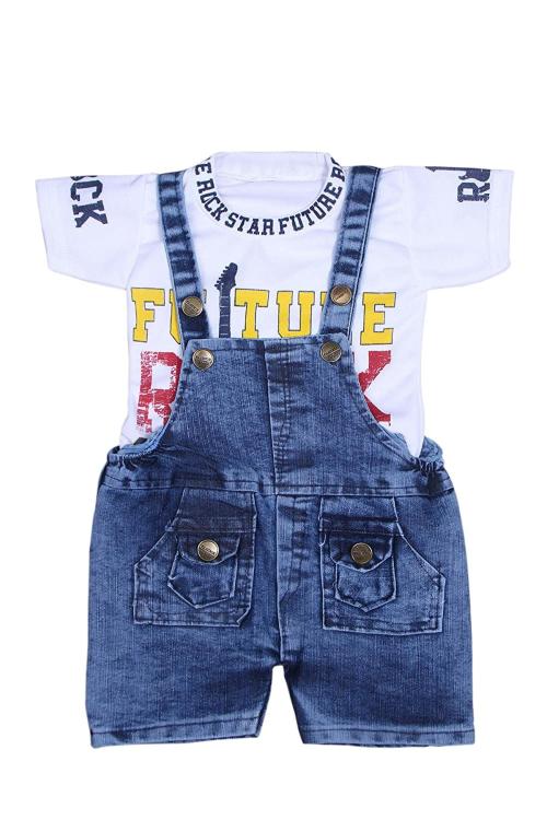 FASHION GRAB Original Quality For Stylish Clothing Baby Boys And Baby Girls White Printed Denim, Cotton Dungaree (12 Months-18 Months)