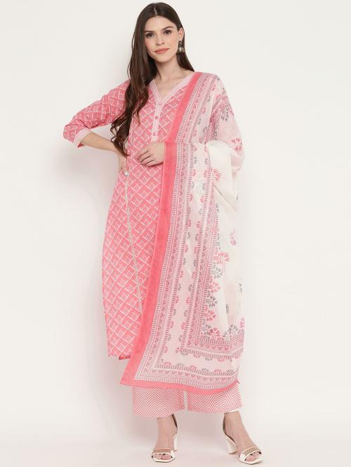 Vbuyz Women'S Floral Print Straight Cotton Light Pink Kurta, Palazzo& Dupatta